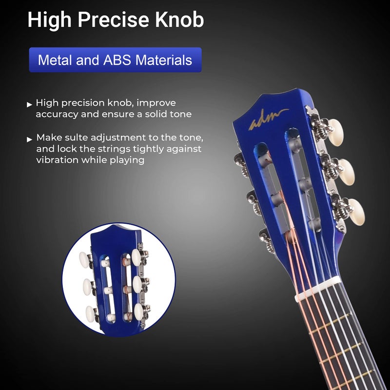 ADM Beginner Acoustic Classical Guitar 30 Inch Nylon Strings Wooden Guitar Bundle Kit for Kid Boy Girl Student Youth Guitarra Online Lessons with Gig Bag, Strap, Tuner, Extra Strings, Picks,Blue - Image 4